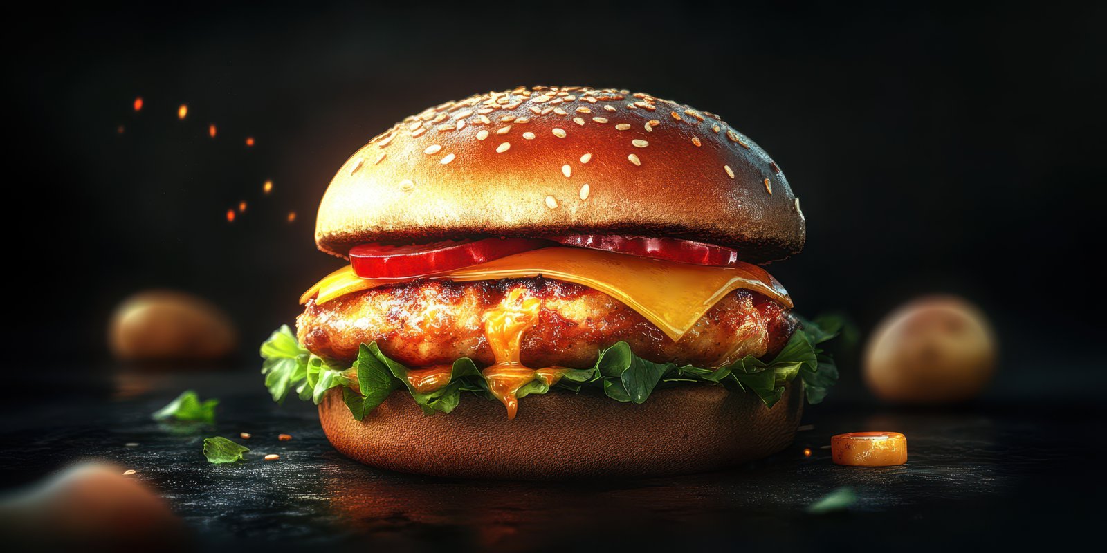 Juicy grilled chicken burger with melted cheese, fresh lettuce, and tomatoes served on a toasted sesame seed bun